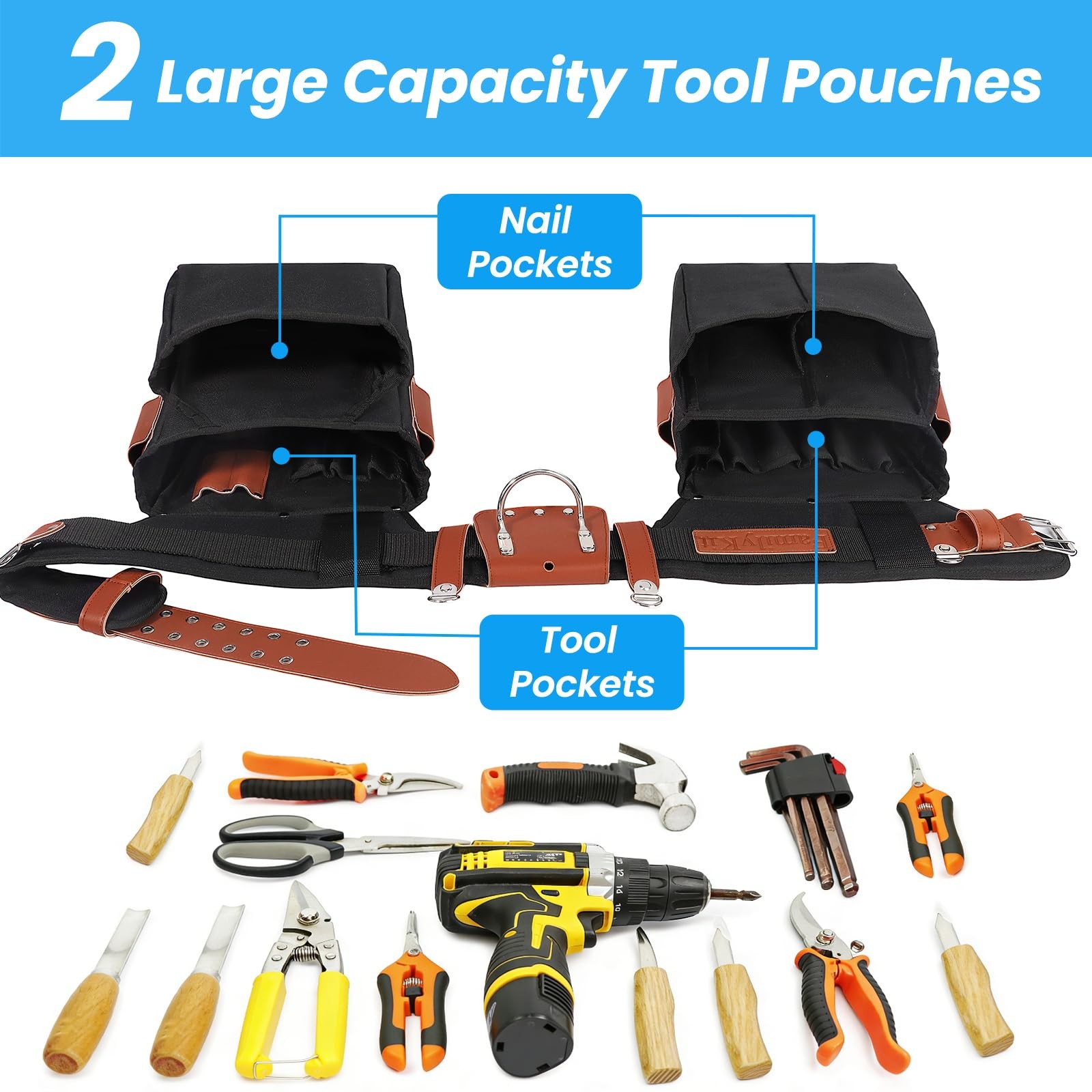 PU Leather Tool Belt – 26 Pockets Heavy Duty Construction Tool Belt, Adjustab…