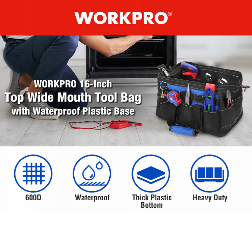 16″ Wide Mouth Tool Bag Water Proof Molded Base Pockets Tool Storage Organizer