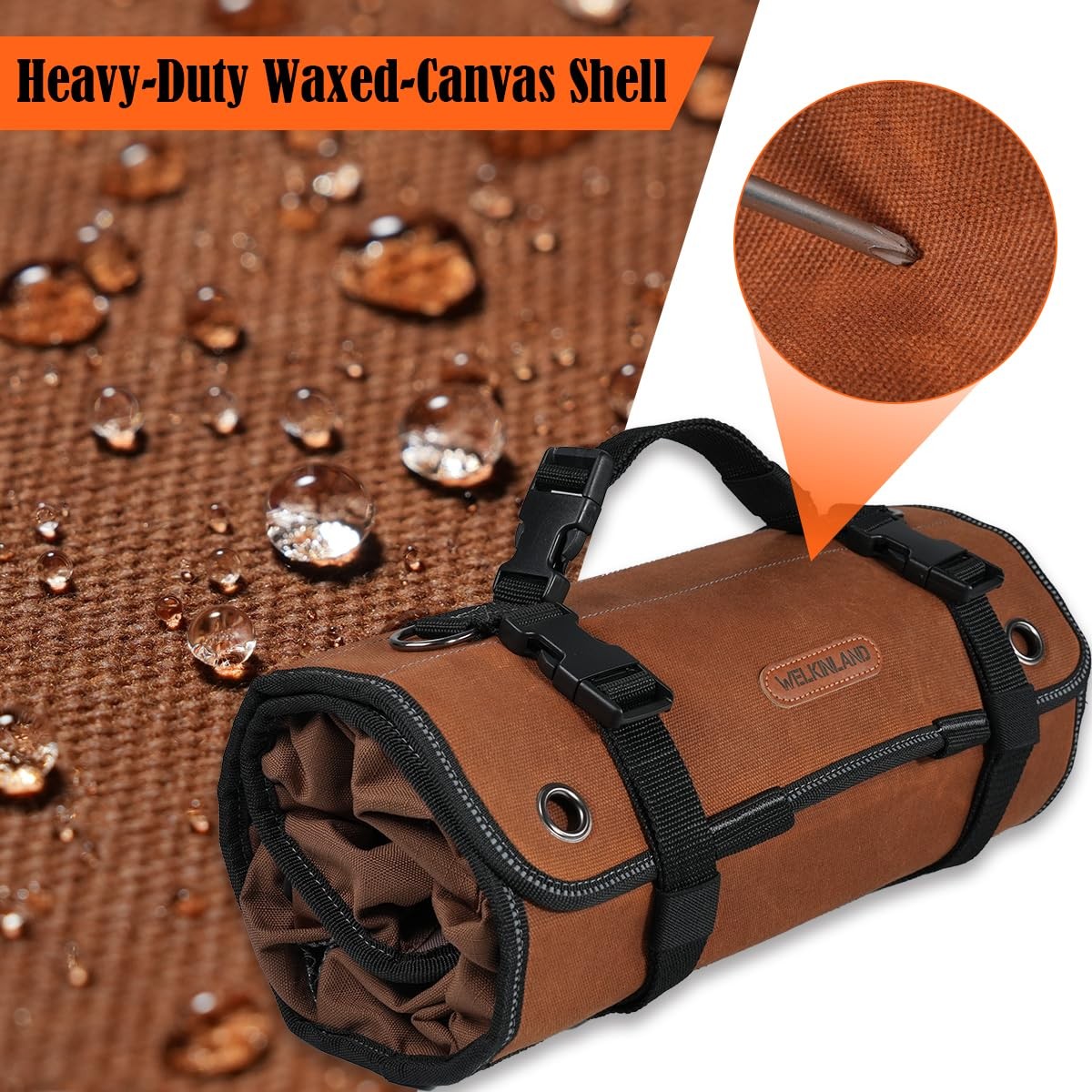 WELKINLAND Heavy-Duty Waxed Canvas Tool Roll, 7-Pockets Large, Brown