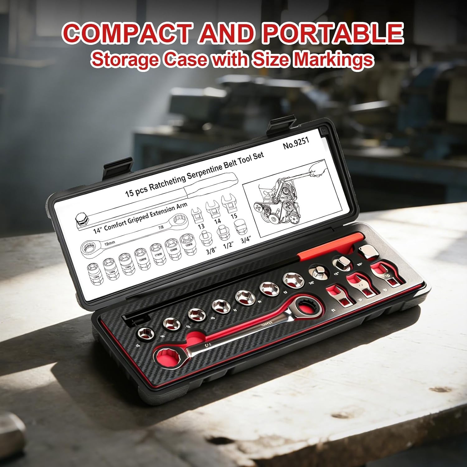 Heavy Duty 15PCS Serpentine Belt Tool Kit–Heavy Duty Ratcheting Tensioner Wrench