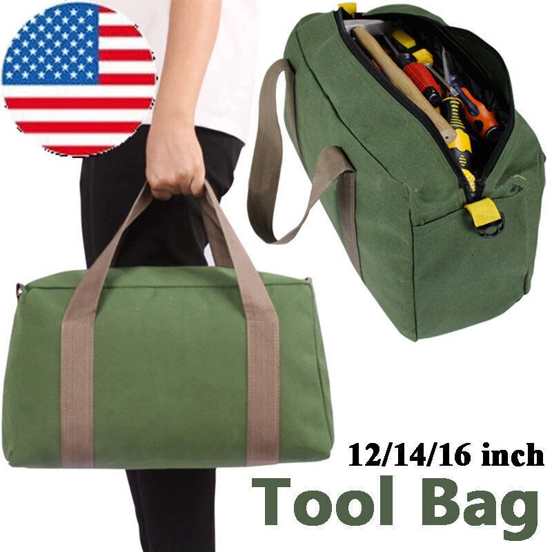 16» HEAVY DUTY GREEN MILITARY STYLE MECHANICS HARD BOTTOM TOOL BAG ZIPPER