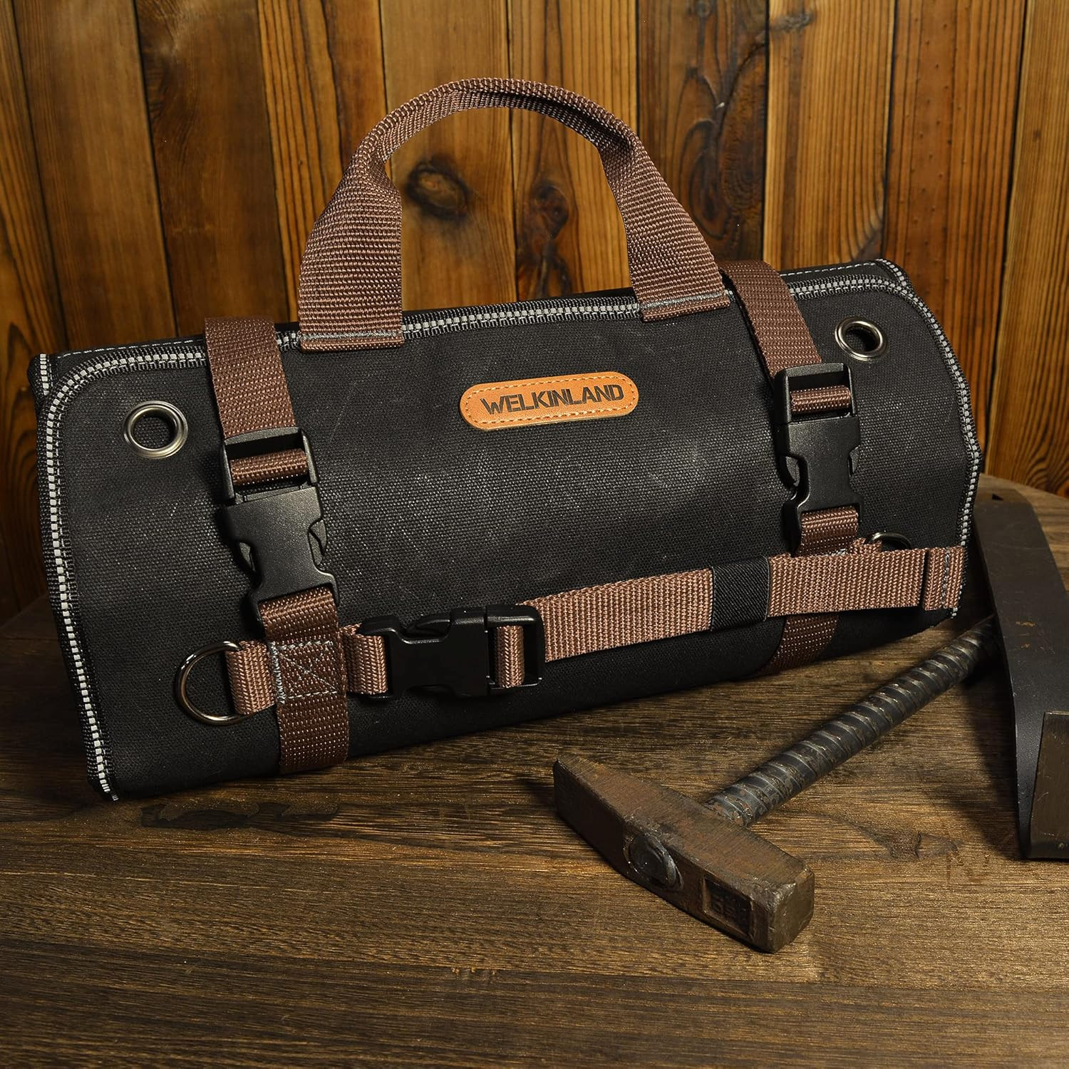 Heavy-Duty Waxed Canvas Tool Roll, 15-Pockets Tool Wrap Roll, 15L Tool up Roll B