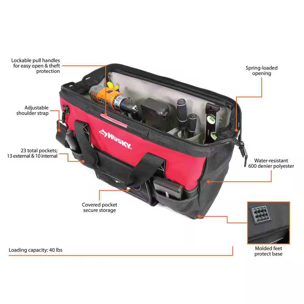 Husky Tool Bag 22 In Spring Loaded Wide Mouth 23 Pocket 600D Polyester