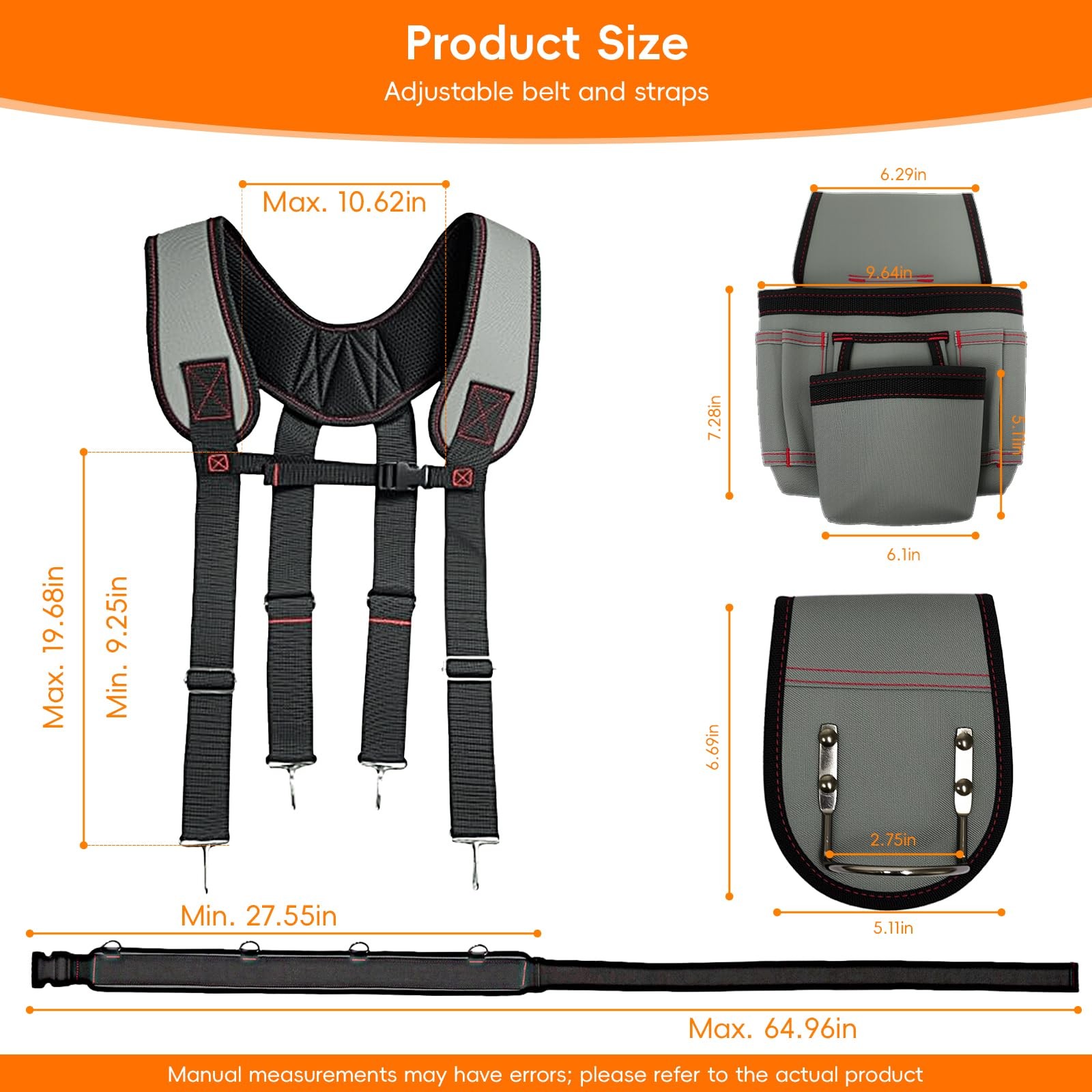 Tool Belt with Suspenders Pouches Pockets Hammer Loop for Men