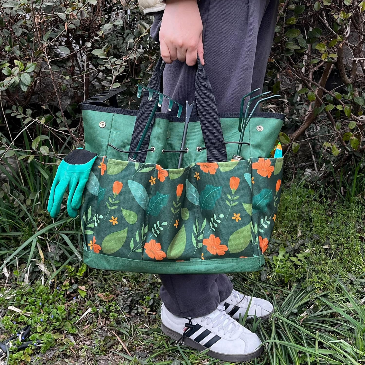 Waterproof Garden Tool Bag, 600D Oxford Portable Gardening Tote with Handle & Mu