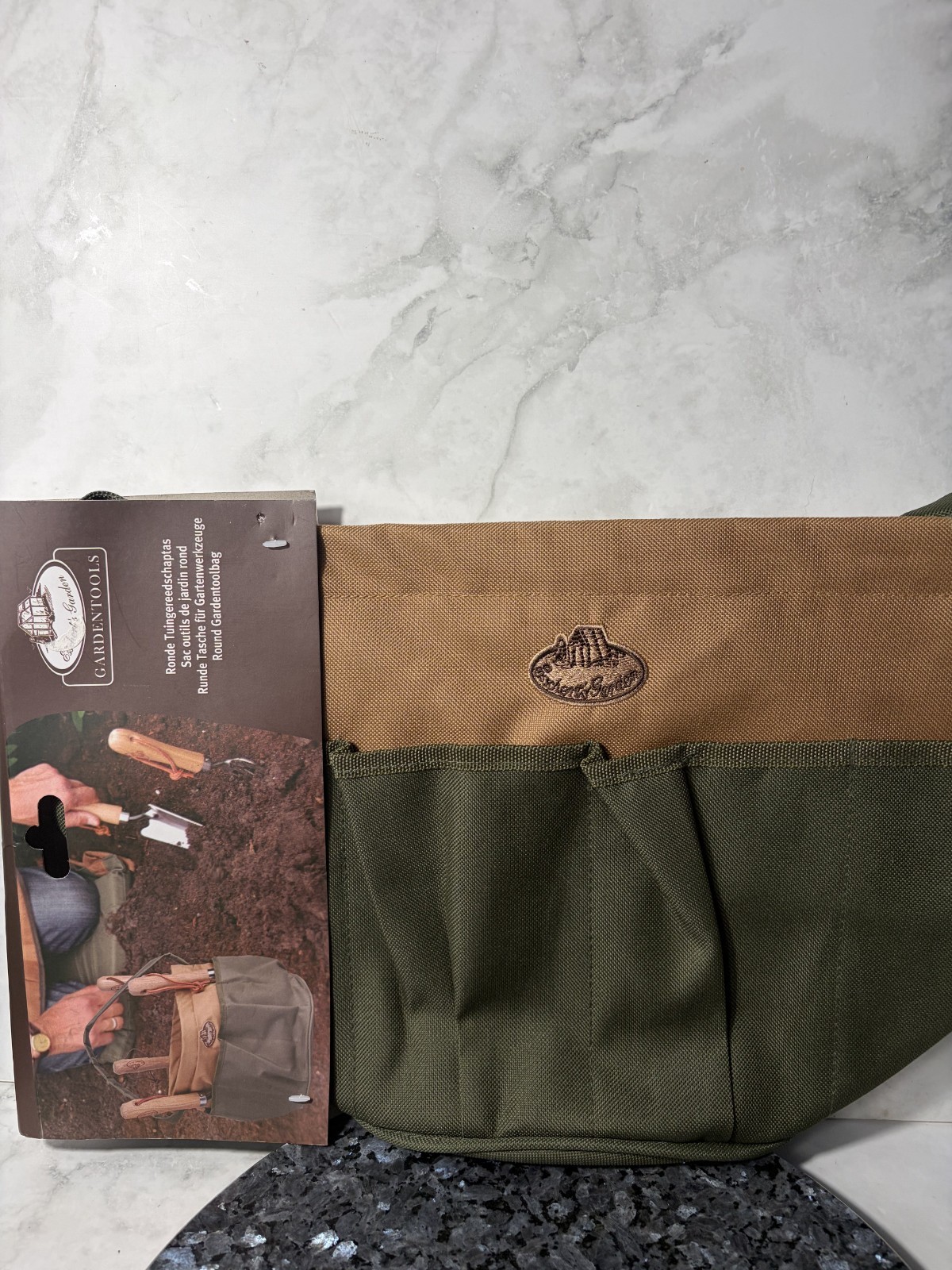 Esschert Design Canvas Round Tan & Green Garden Work Tool Bag