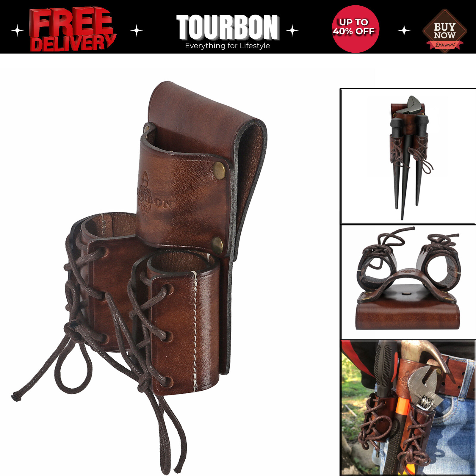 TOURBON Leather Spud Wrench Hanger Tools Carry Double Bull Pin Holder Belt Pouch
