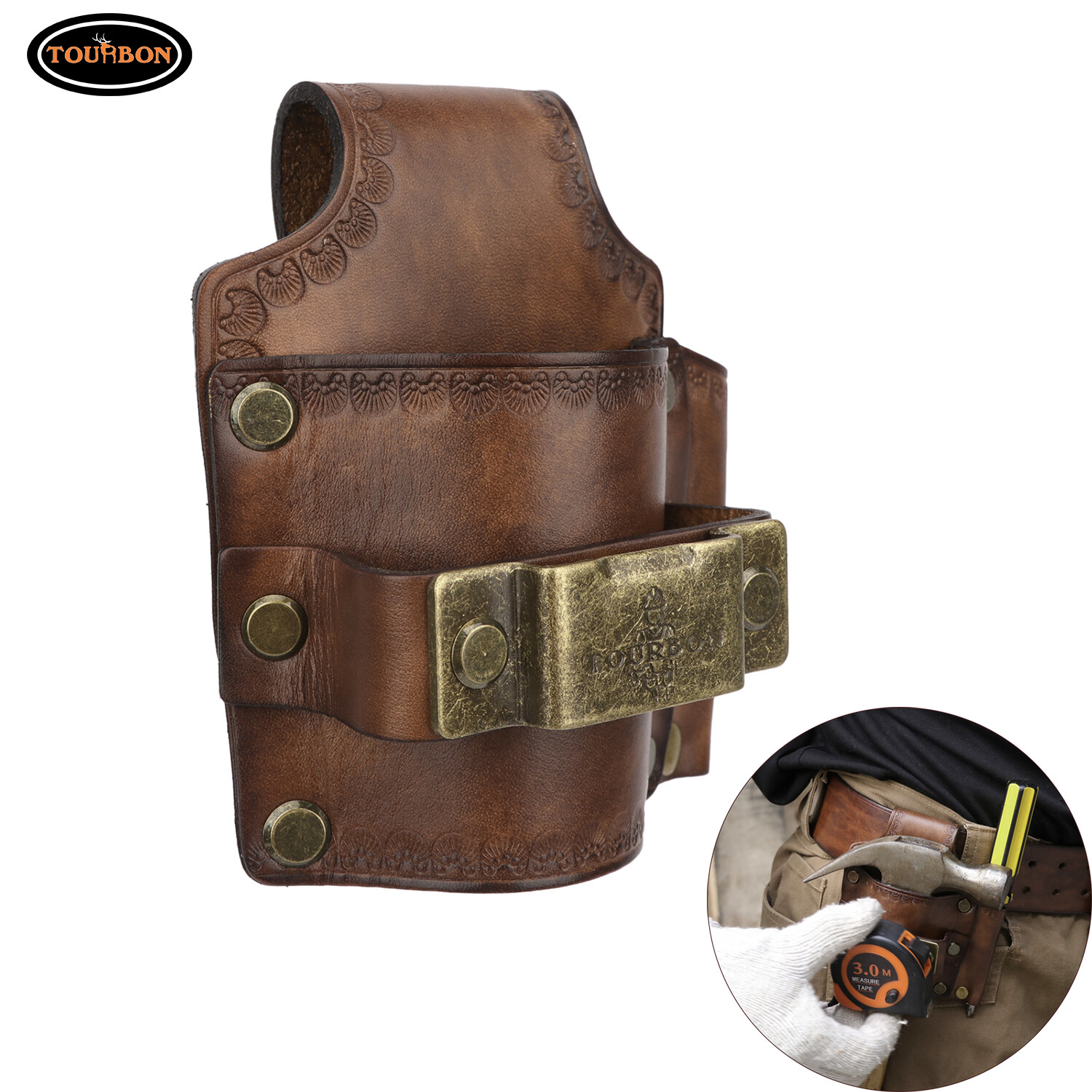 Tourbon Leather 3-in-1 Tools Belt Pouch Hammer Tape Measure Screwdriver Holder