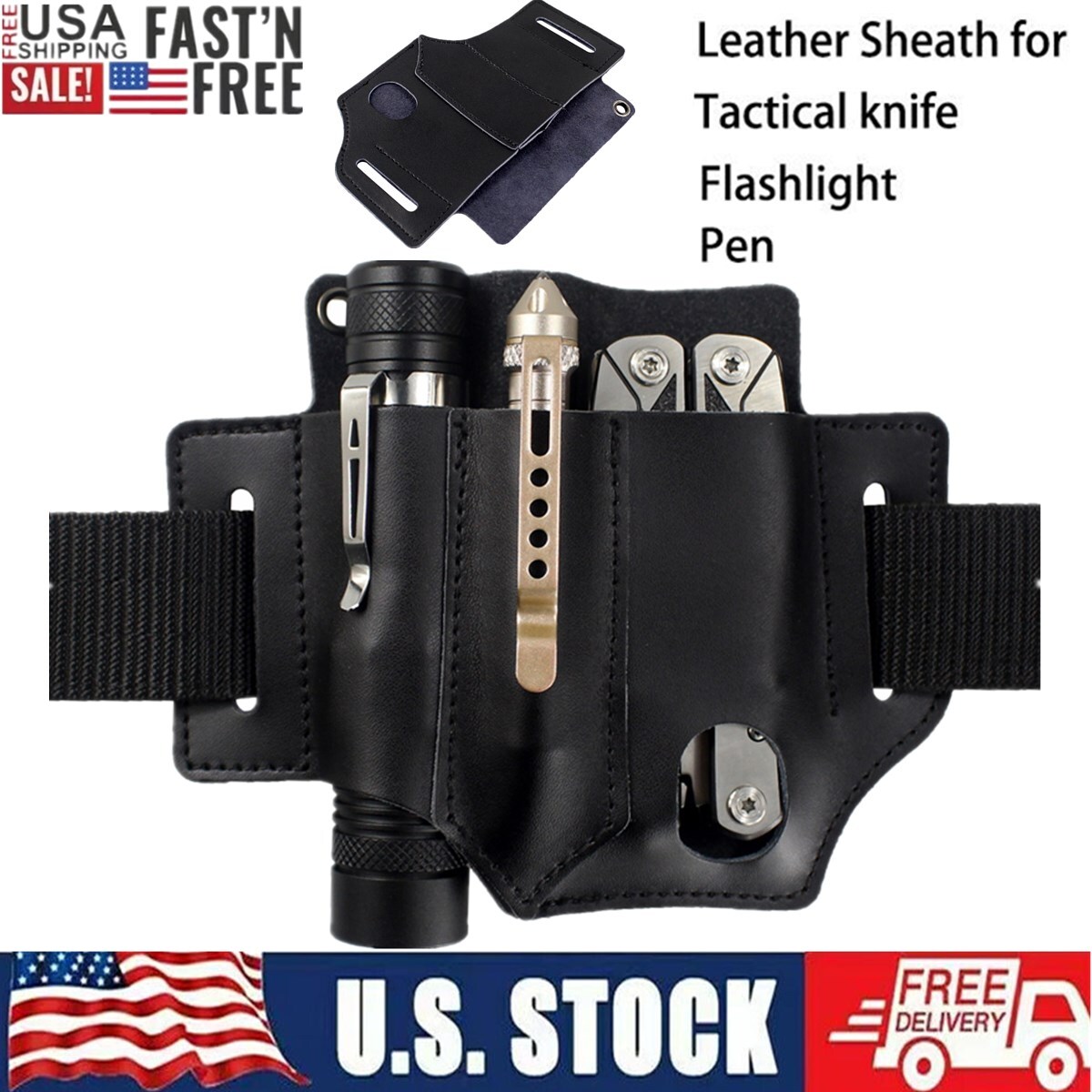 US Tactical EDC Belt Organizer Multitool Leather Sheath for Knife Pen Flashlight