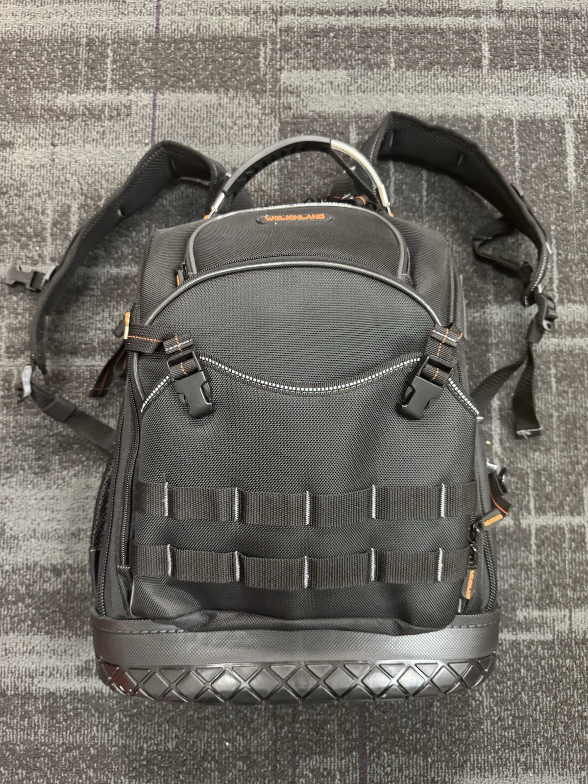 WELKINLAND 77 Pocket Large Tool Backpack Black/Orange Molded Base, Padded Handle