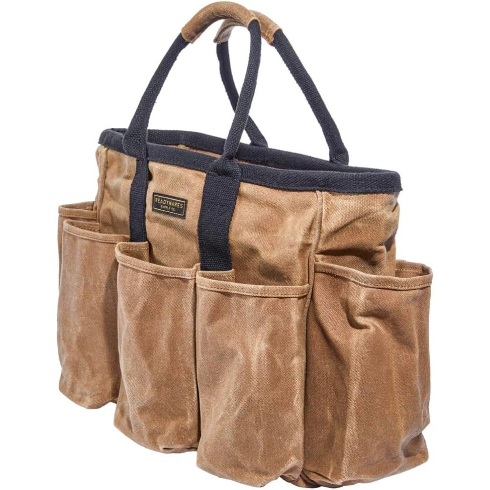 14″ Waxed Canvas Supply Bag, Garden Tool Tote & Utility Storage with Pockets