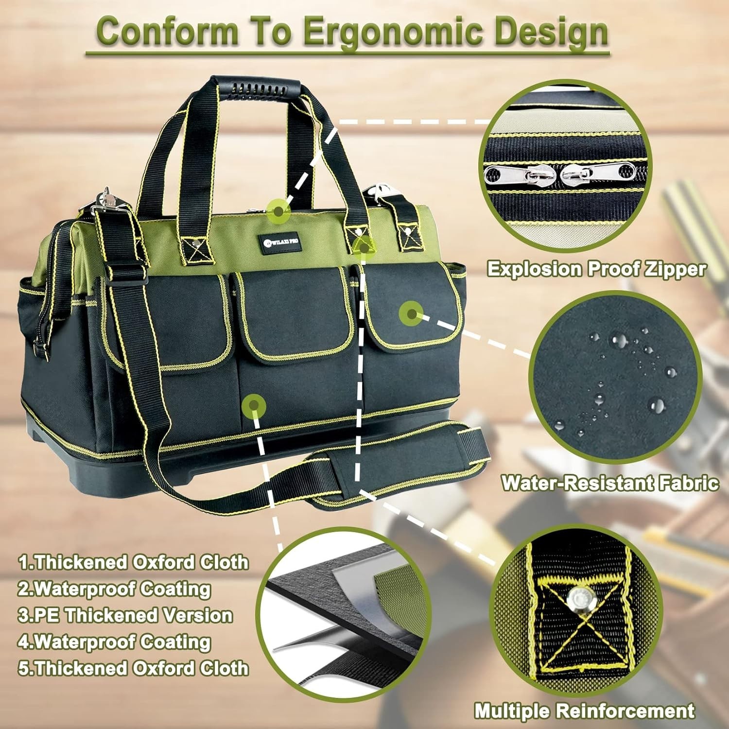 20in Heavy Duty Tool Bag Wide Mouth Tool Tote Waterproof Base Shoulder Strap Org