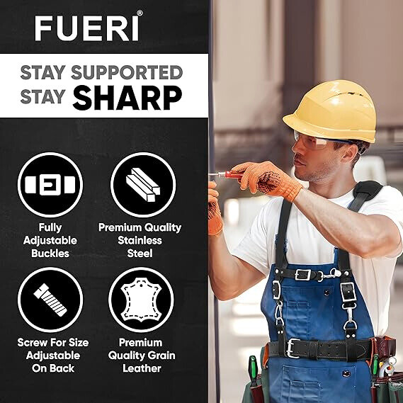 Leather Tool Belt Suspenders Padded with 4 Detachable D-Loop for Construction