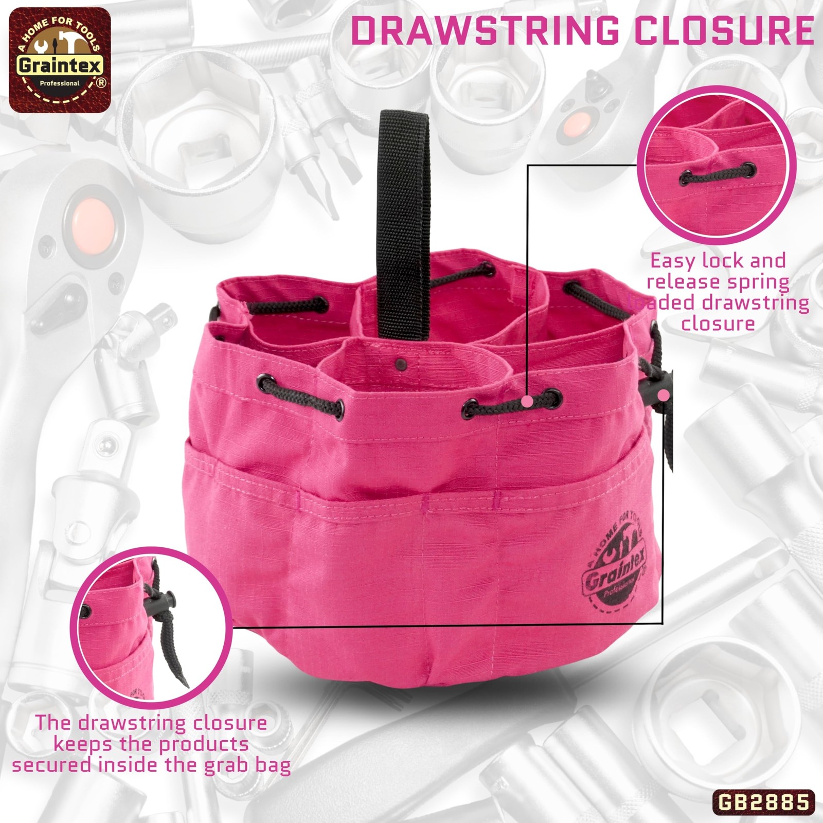 Pink Tool Grab Bag Durable Canvas Organizer with Drawstring Closure and Pockets