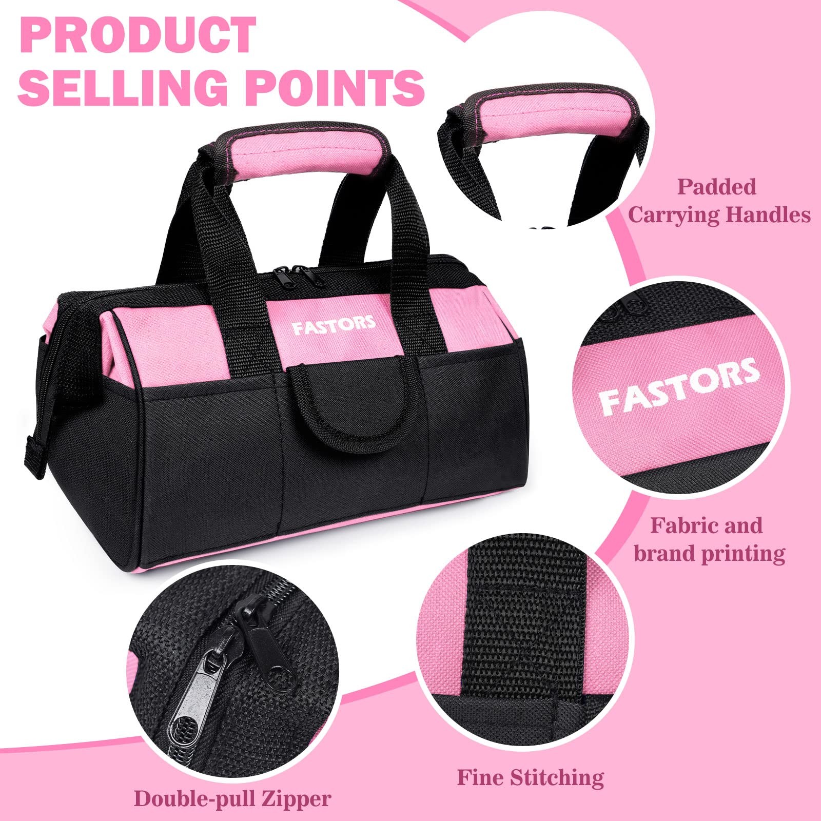 Pink Tool Bag for Women With 13-Inch Wide Mouth Double Zippers,Tool Bag With …
