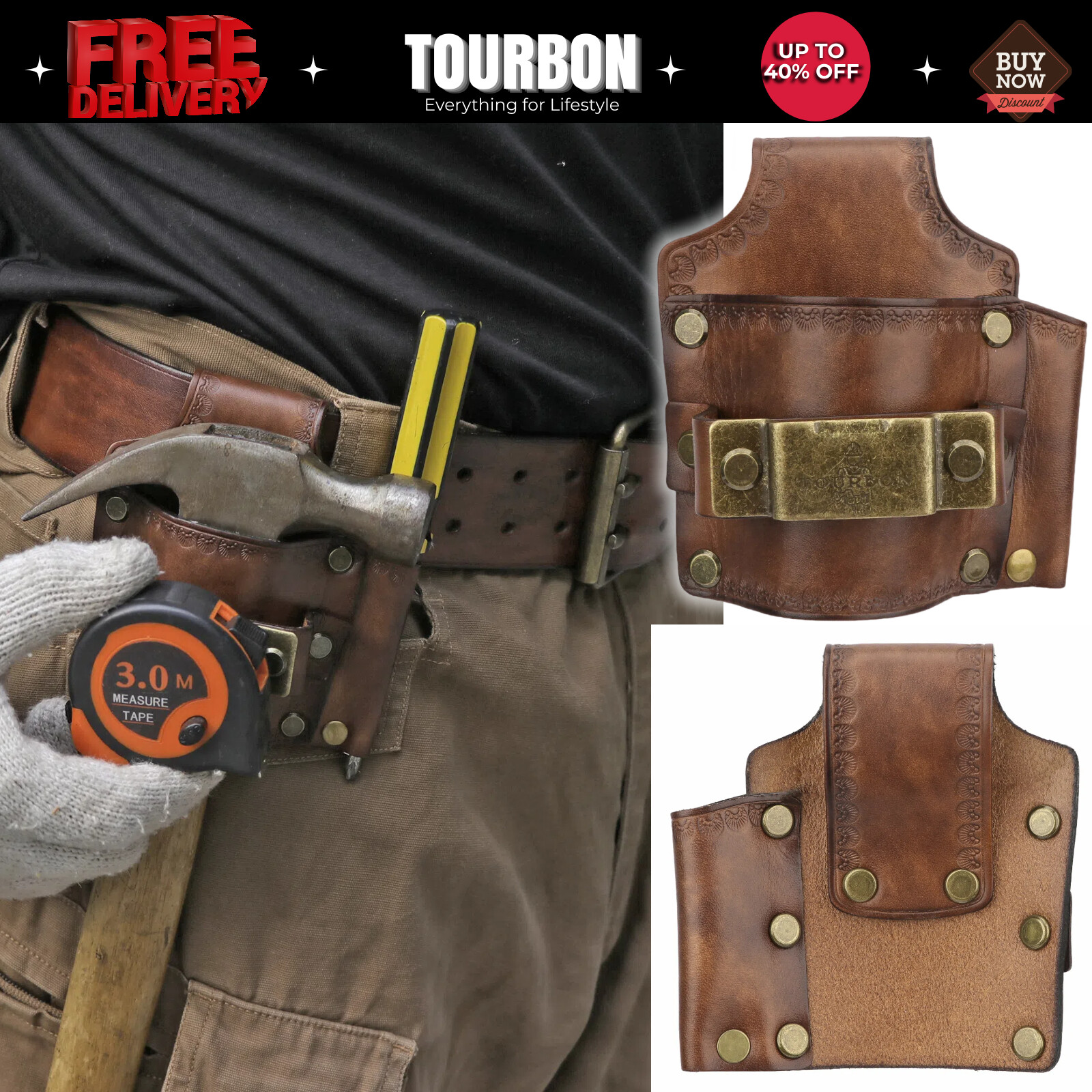 TOURBON Leather Tools Belt Pouch Holster Tape Measure EDC Holder-Special Offer
