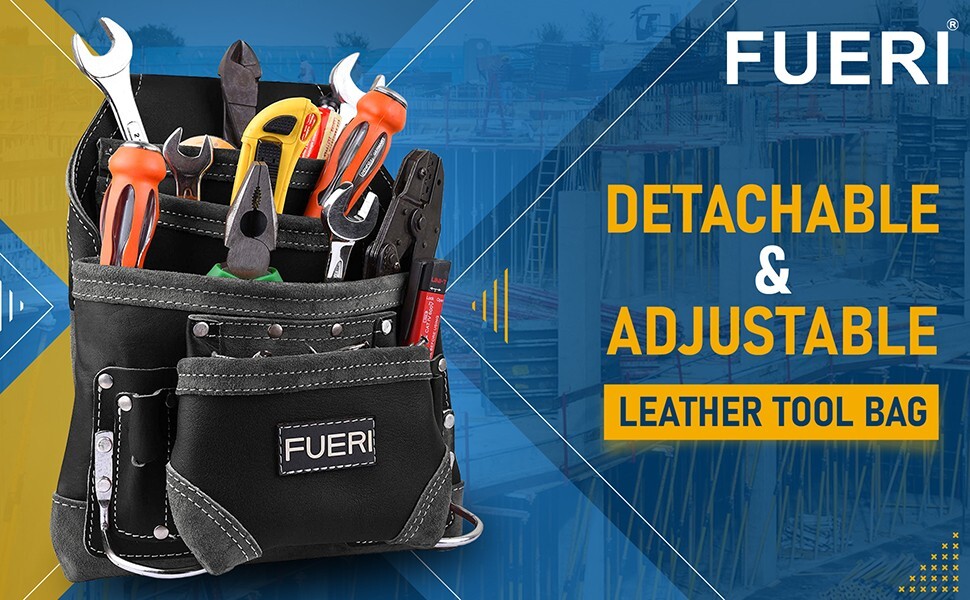 Leather Tool Pouch for Carpenters 10 Pocket Framers Electrician Belt Nail Bag