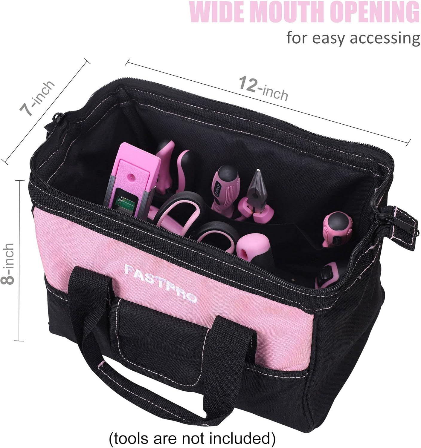 12-Inch Pink Tool Bag,Zip-Top Wide Mouth Open Storage, 600D Polyester Fabric Mat