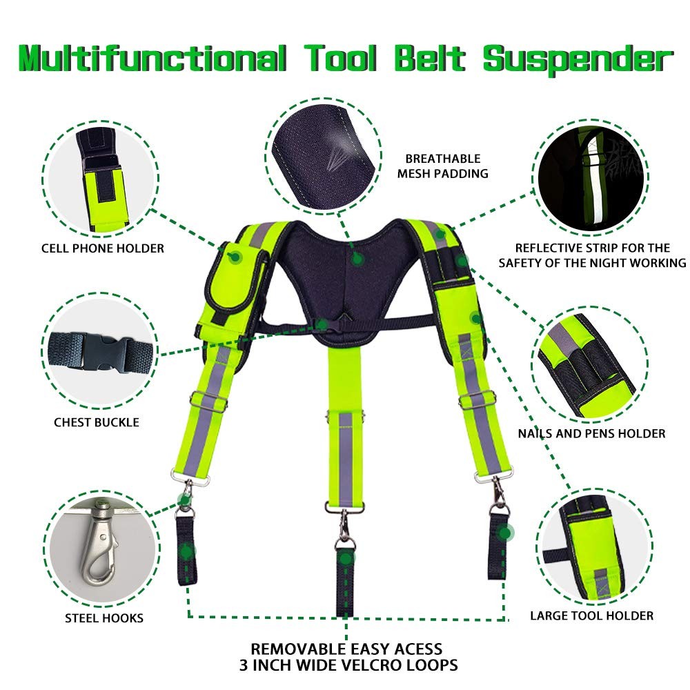 AISENIN Carpenter Tool Belt Suspenders, 11.4*7.8*6 inch, Fluorescent Green