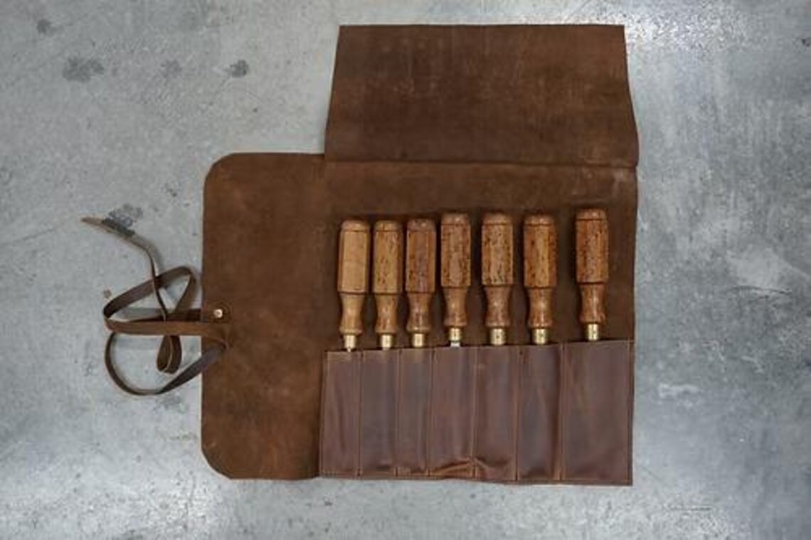 Brown Leather Tool Roll with Antique Worn look Finish 7 Tool Pockets