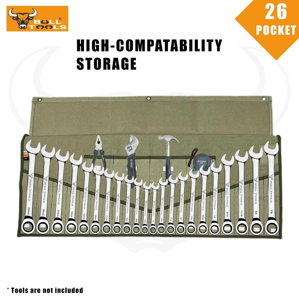 Tool Roll Organizer with 26 Pockets for Wrenches Metric & SAE Durable Cotton