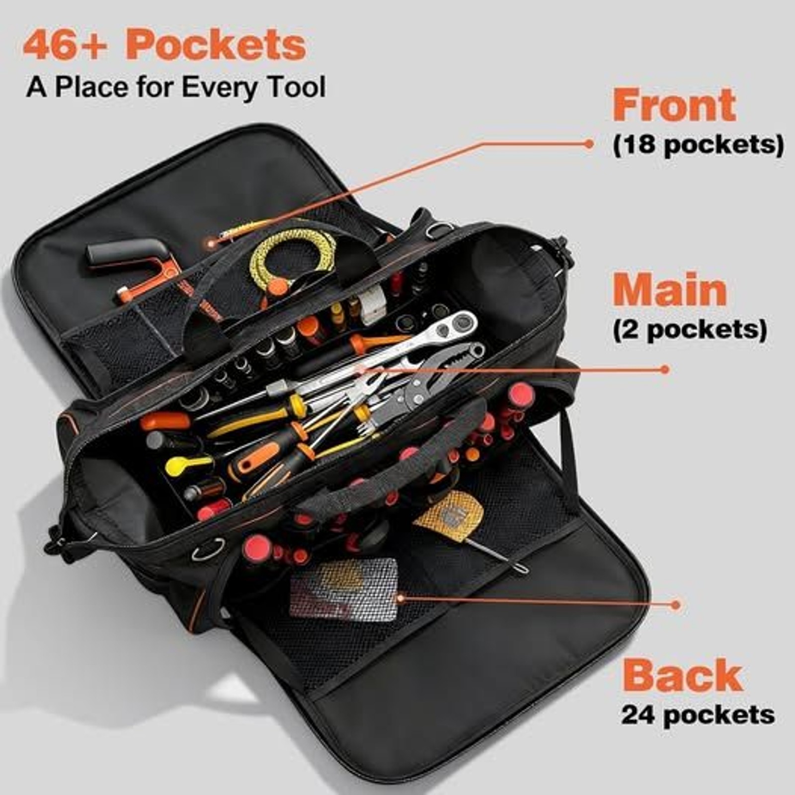 Large Contractor Tool Bag 46 Pockets 80+ MOLLE Loops Molded Base