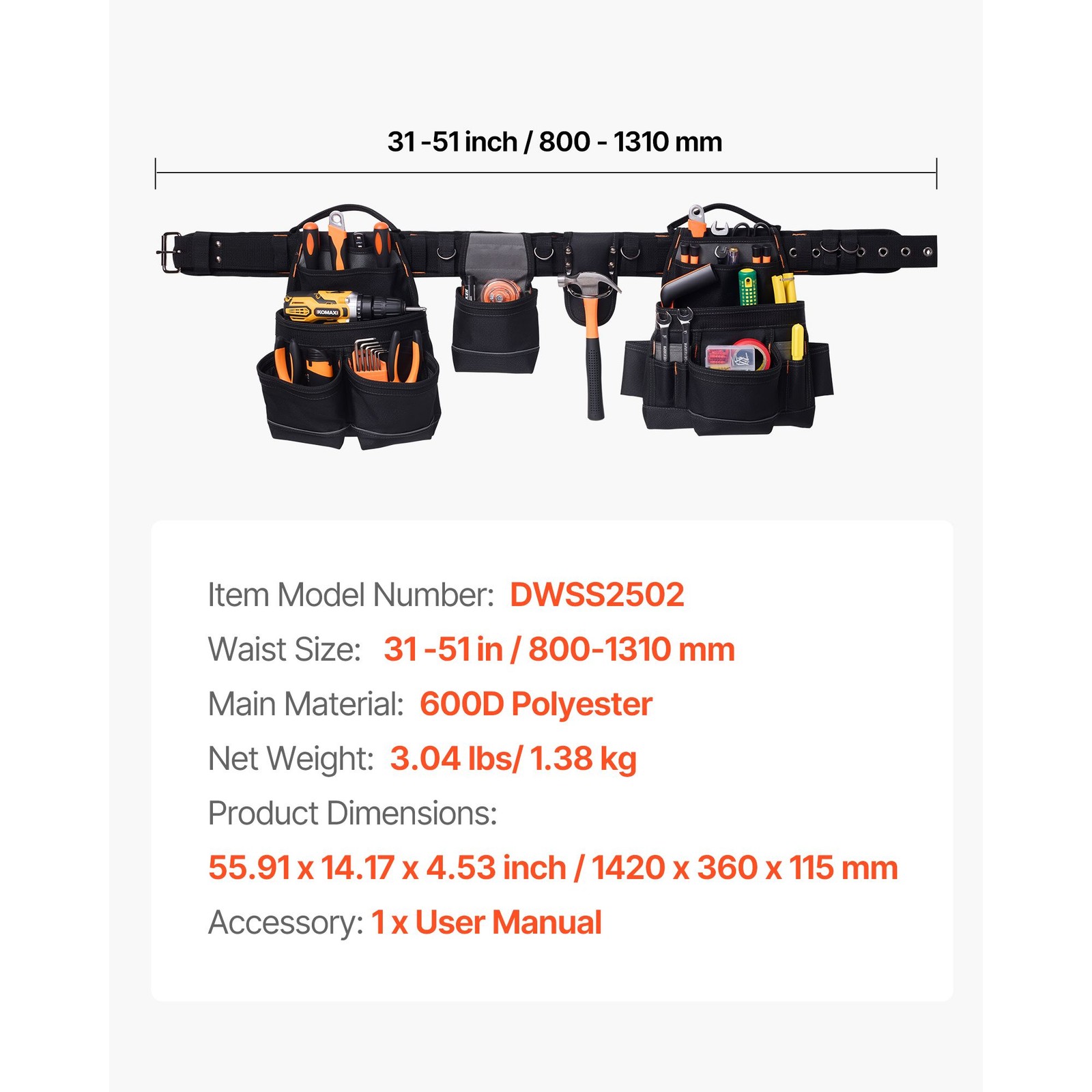 Heavy-Duty 18-Pocket Tool Belt, Adjustable 31-51in, 600D Polyester