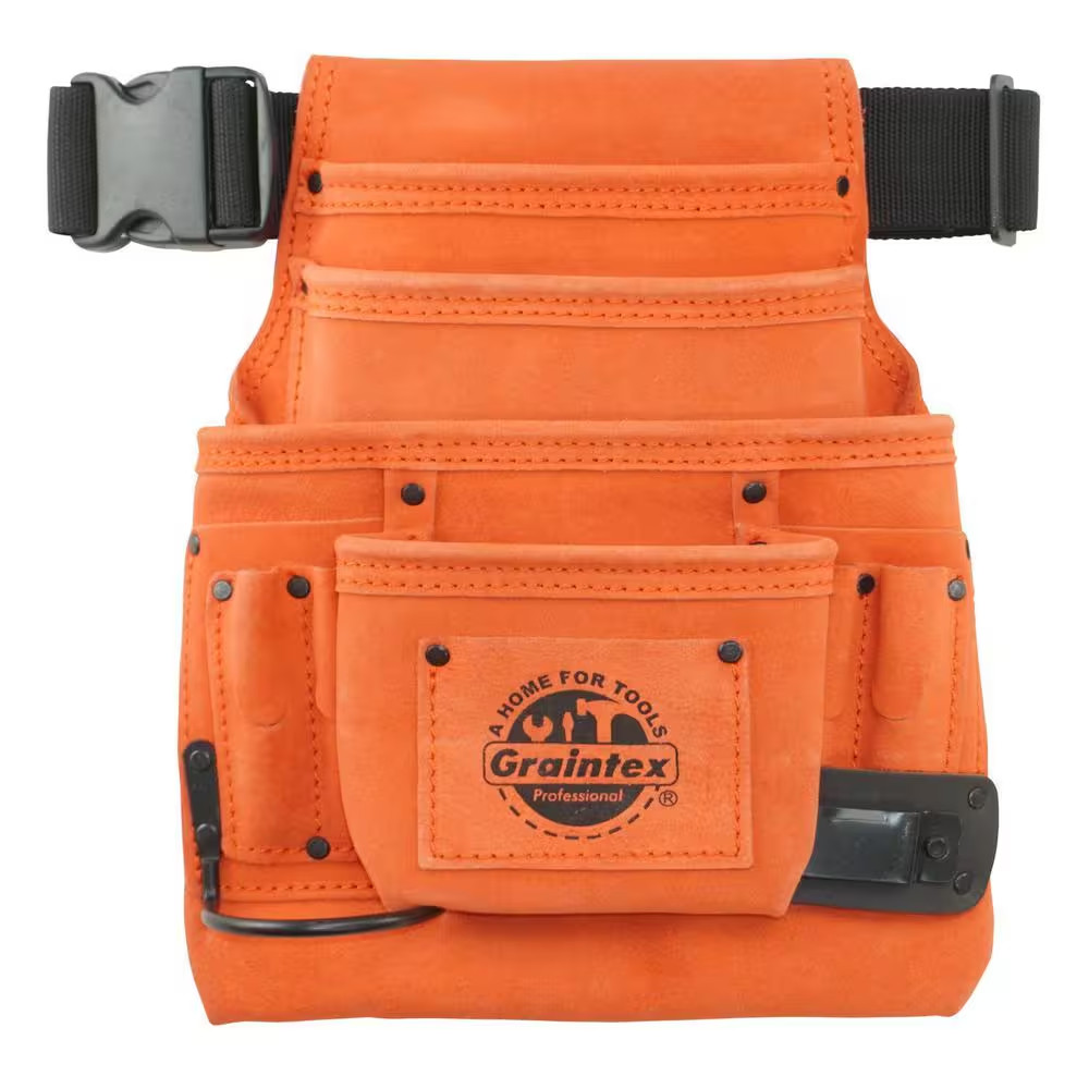 10-Pocket Nail and Tool Pouch with Belt Orange Suede Leather W/Hammer Holder and