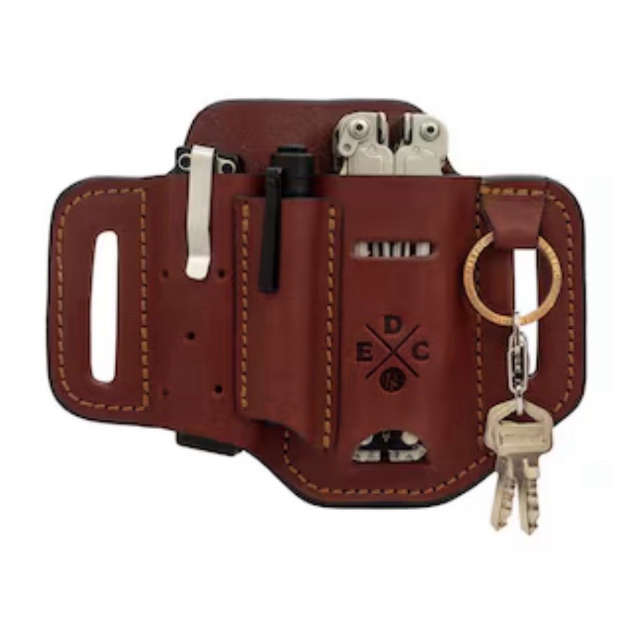 EDC Leather Tool Pouch Organizer with Key Ring, Brown, EDC Gear. 126