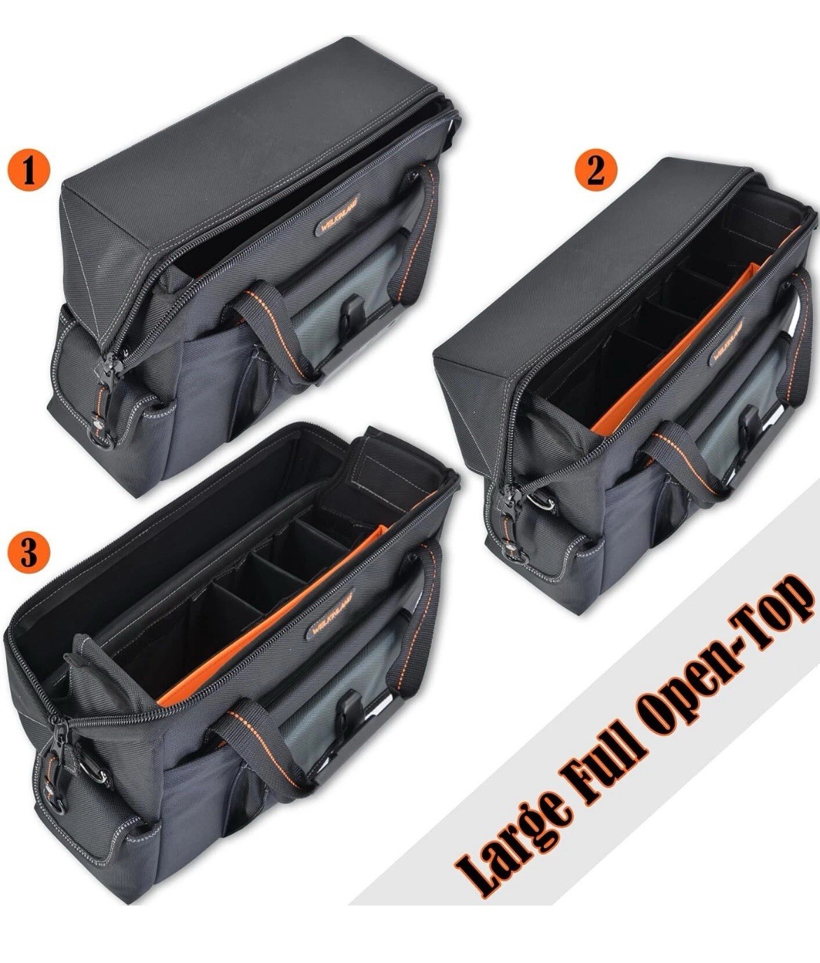 WELKINLAND 15-Pockets Electrician Tool Box Bag, Large – Open Black Orange