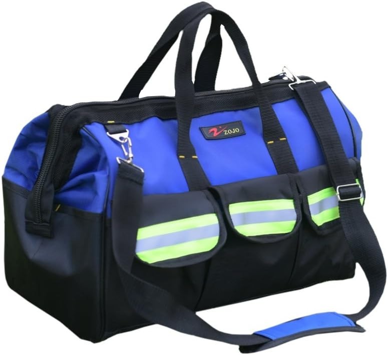 Blue Reflective Tool Bags For Men 16 inch Wide Mouth 18 tool pockets