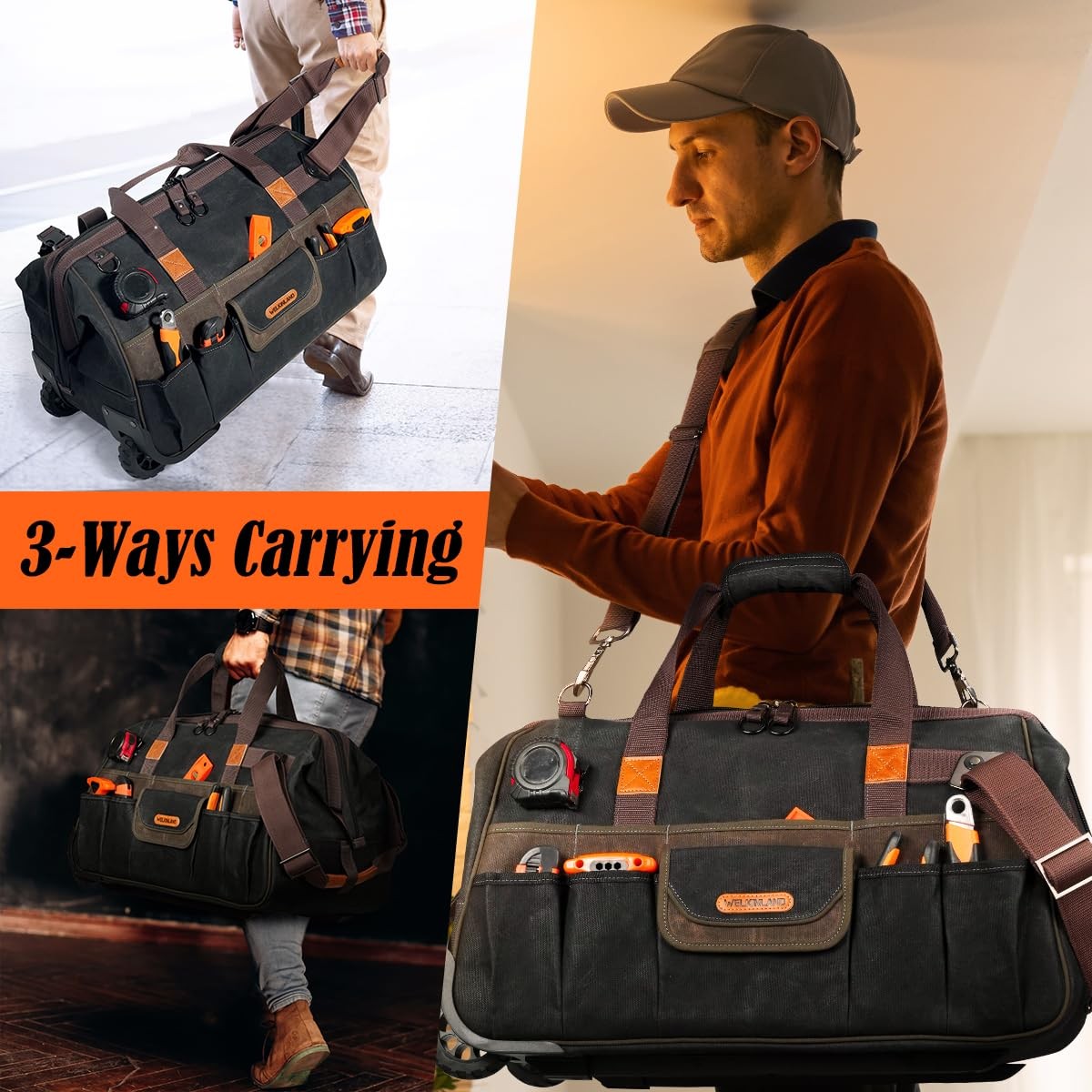 WELKINLAND 48Pockets Tool Bags With Wheels, 22Inch Large, Brown & Black