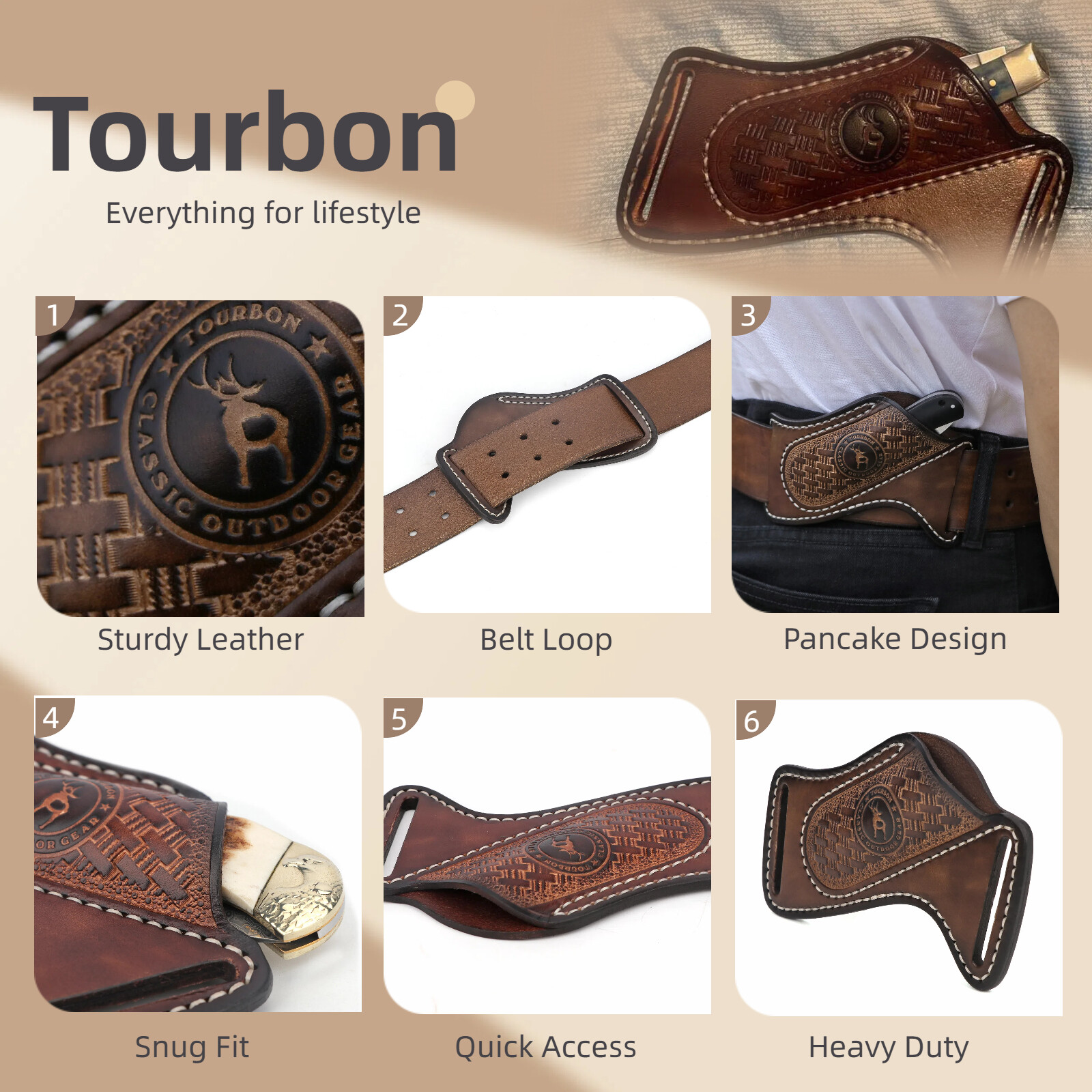 TOURBON Leather Folding Blade Knife Sheath Belt Pouch EDC Knives Pocket Camping