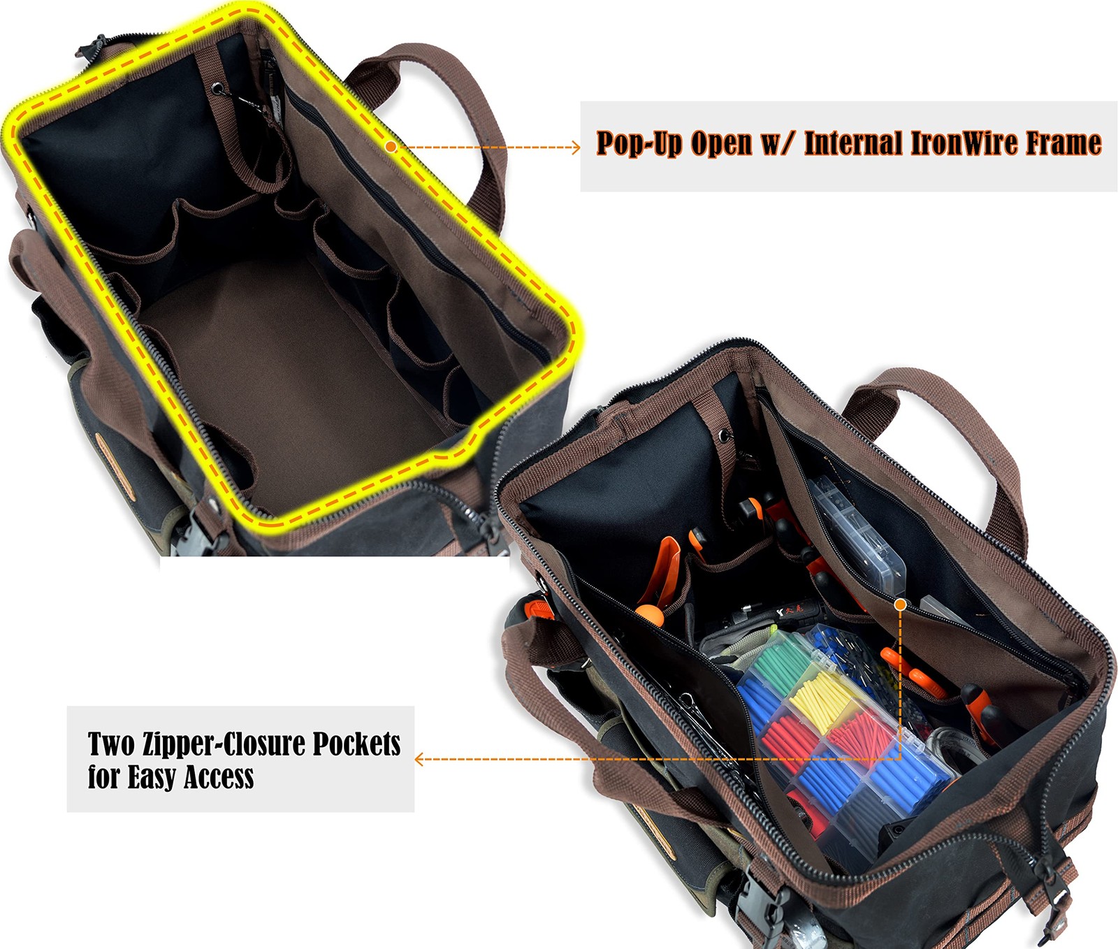 WELKINLAND 32-Pockets Waxed Canvas tool bag Heavy-Duty Electrician tools bag