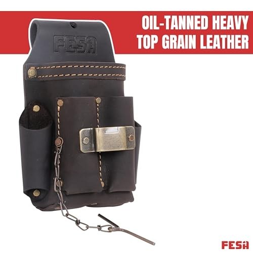Small Leather Electrician Tool Pouch 7-in-1 with Tape Measure Clip & 5 Pockets