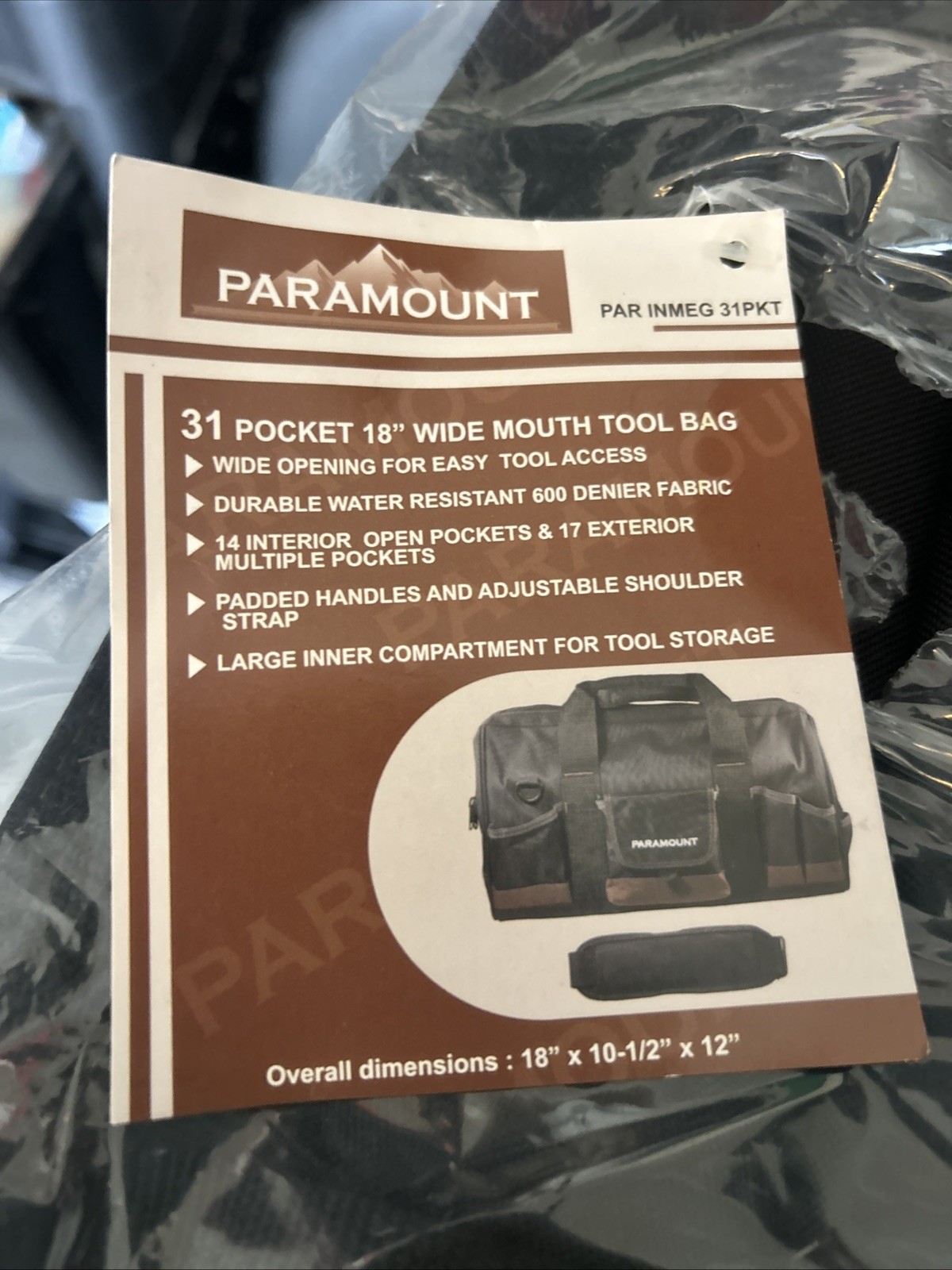 Paramount Tools: 18” Wide Mouth Tool Bag 31 pockets. 14 interior pockets