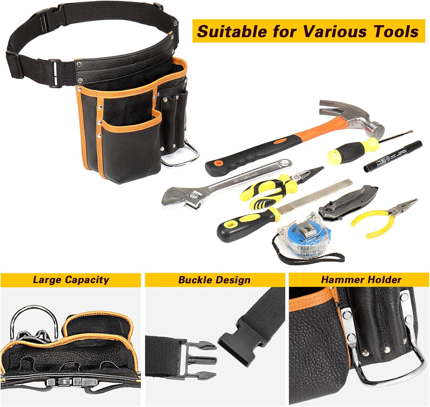 Tool Belt,Genuine Leather Tool Pouch,Detachable & Adjustable Single Side Tool Be