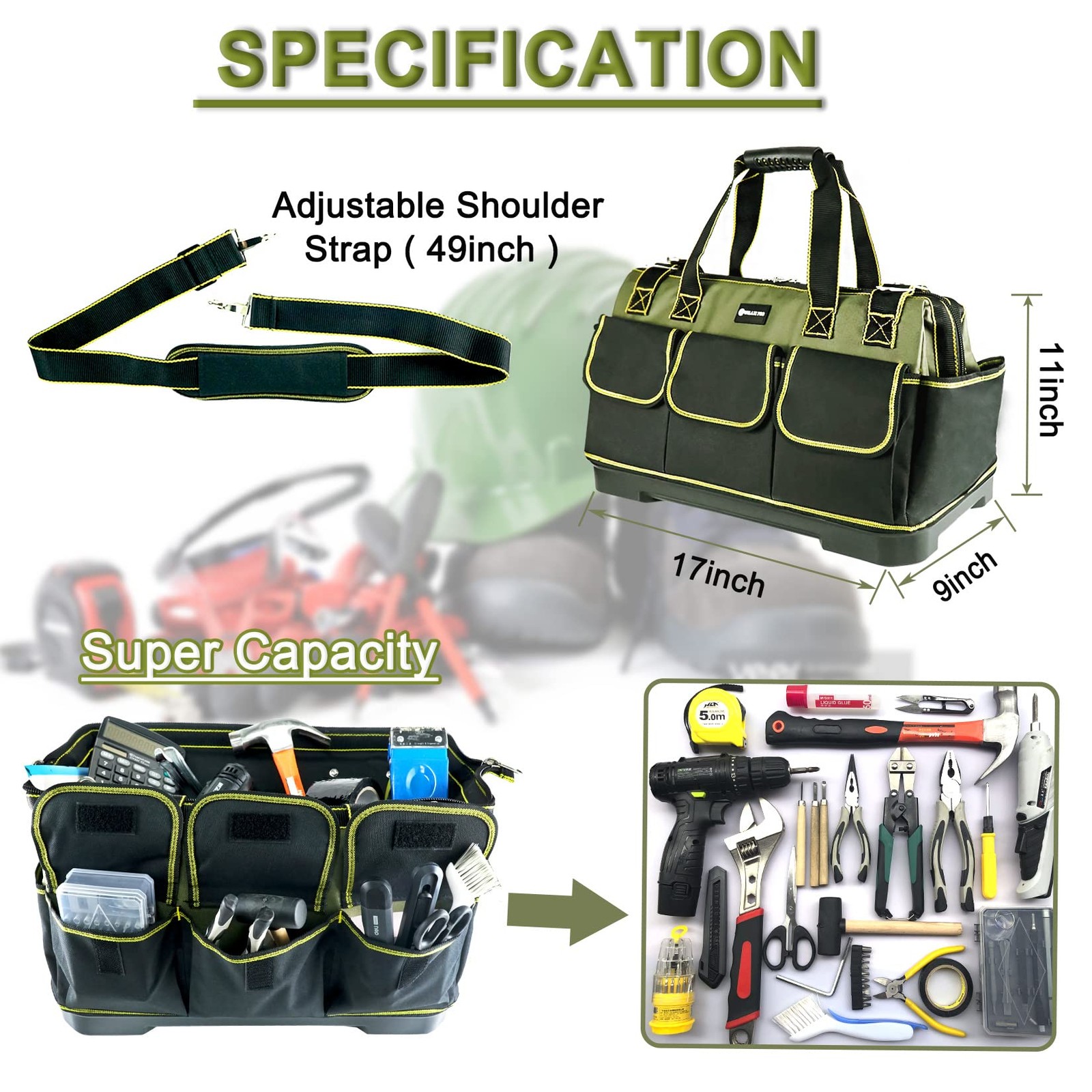 17 Inch Tool Bag For Men Heavy Duty Waterproof Molded Base Wide Mouth Pro