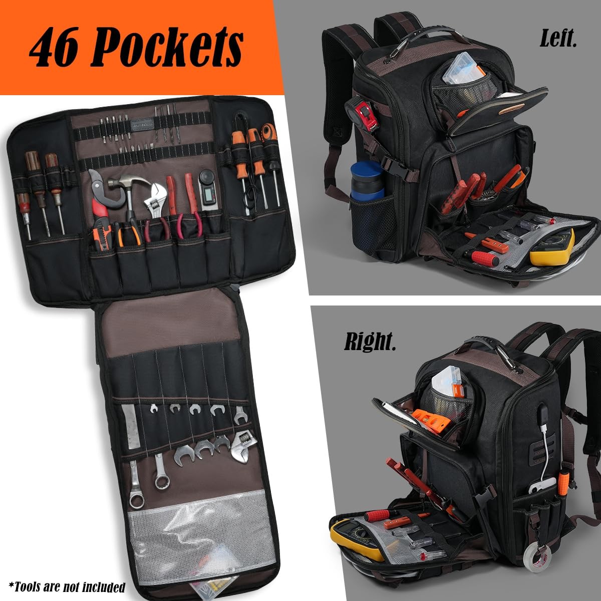 WELKINLAND 46-Pockets Electrician Backpack, Full-Open Tool Brown & Black