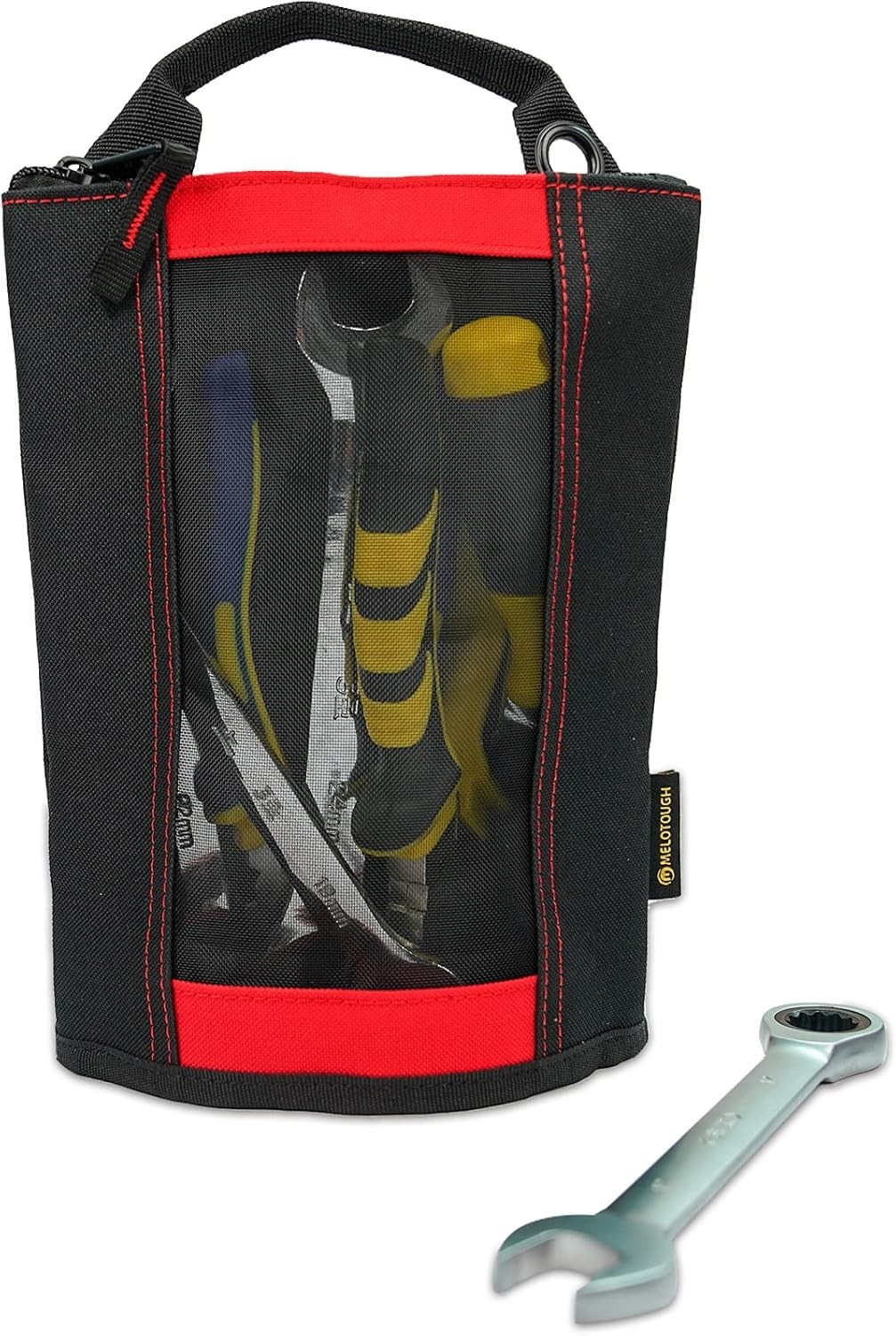 Red Canvas Tool Bag, Heavy Duty Zipper Pouch, Mesh Window, Hanging Grommet St…