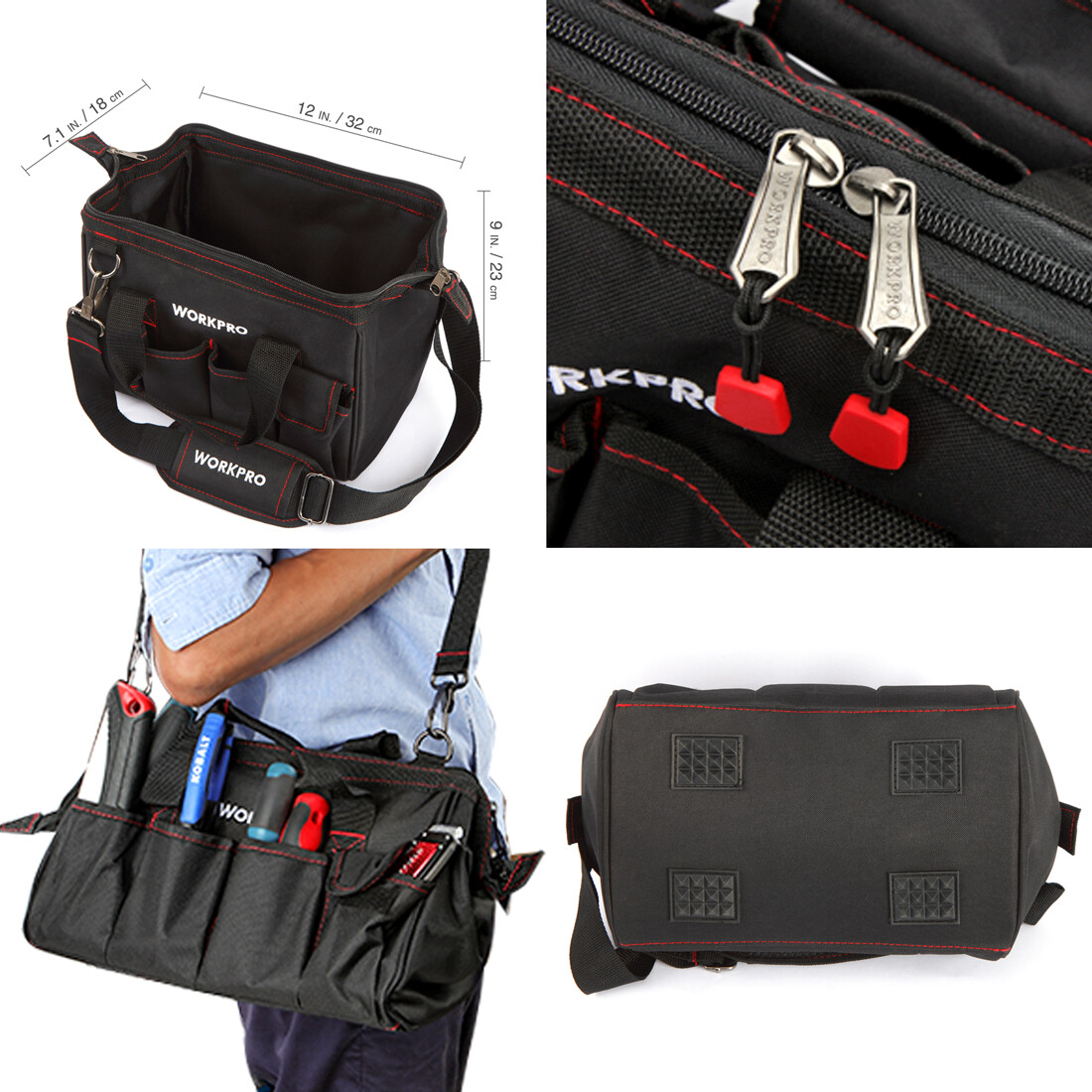 WORKPRO Close Top Wide Mouth Tool Storage Bag 16″/14″/12″ Rubber Base Pocket Bag