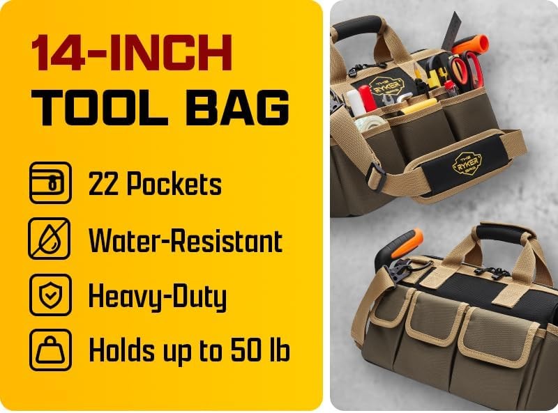 Ryker Heavy Duty Tool Bag 14 Inch 22 Pockets for Mechanic