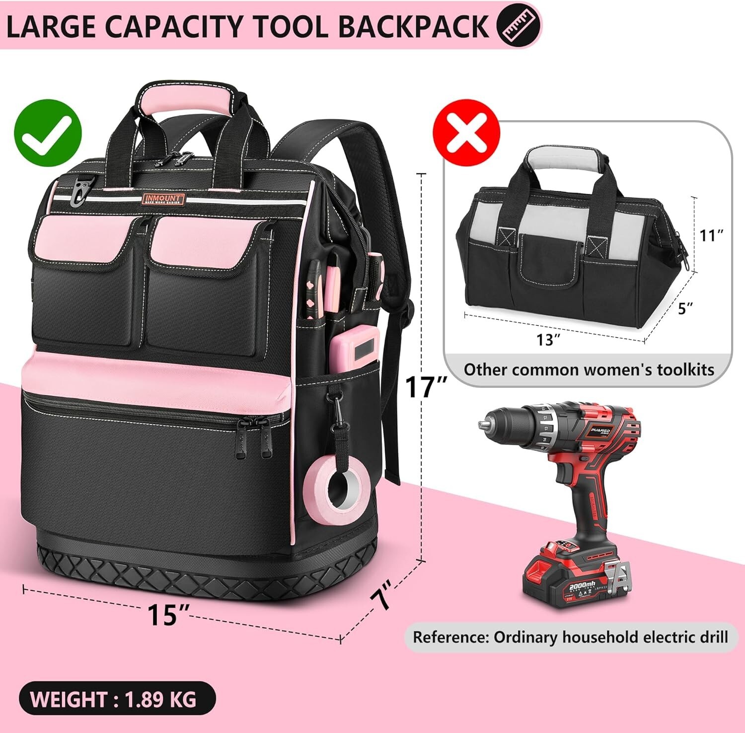 LOKASS Pink Tool Bag for Women, Wide-open Tool Backpack with Double-opening M…