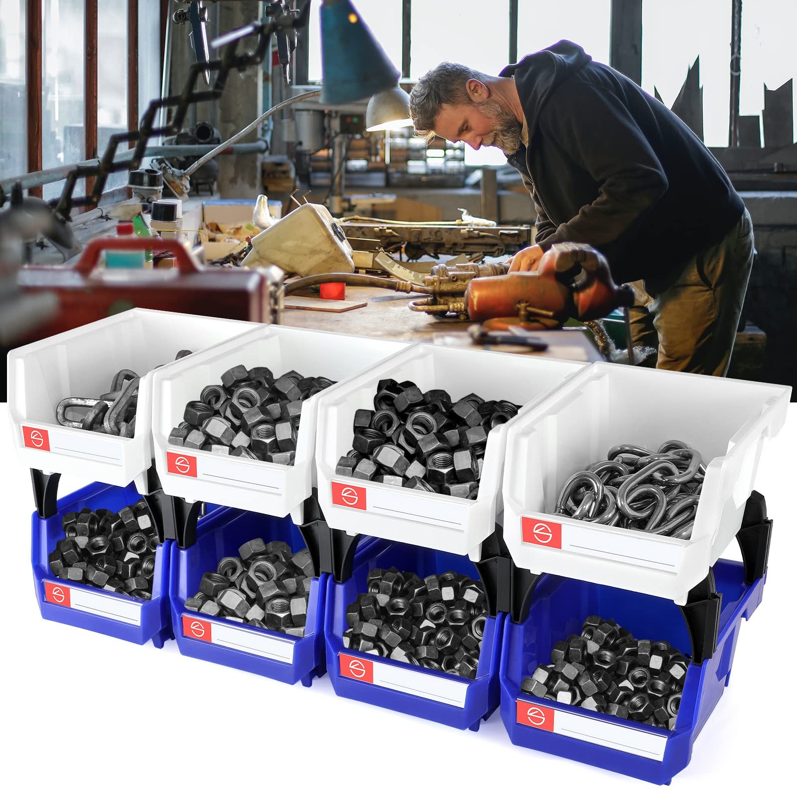 6 PCS Stackable Storage Bins Wall Mount Parts Rack Shop Screws Blue