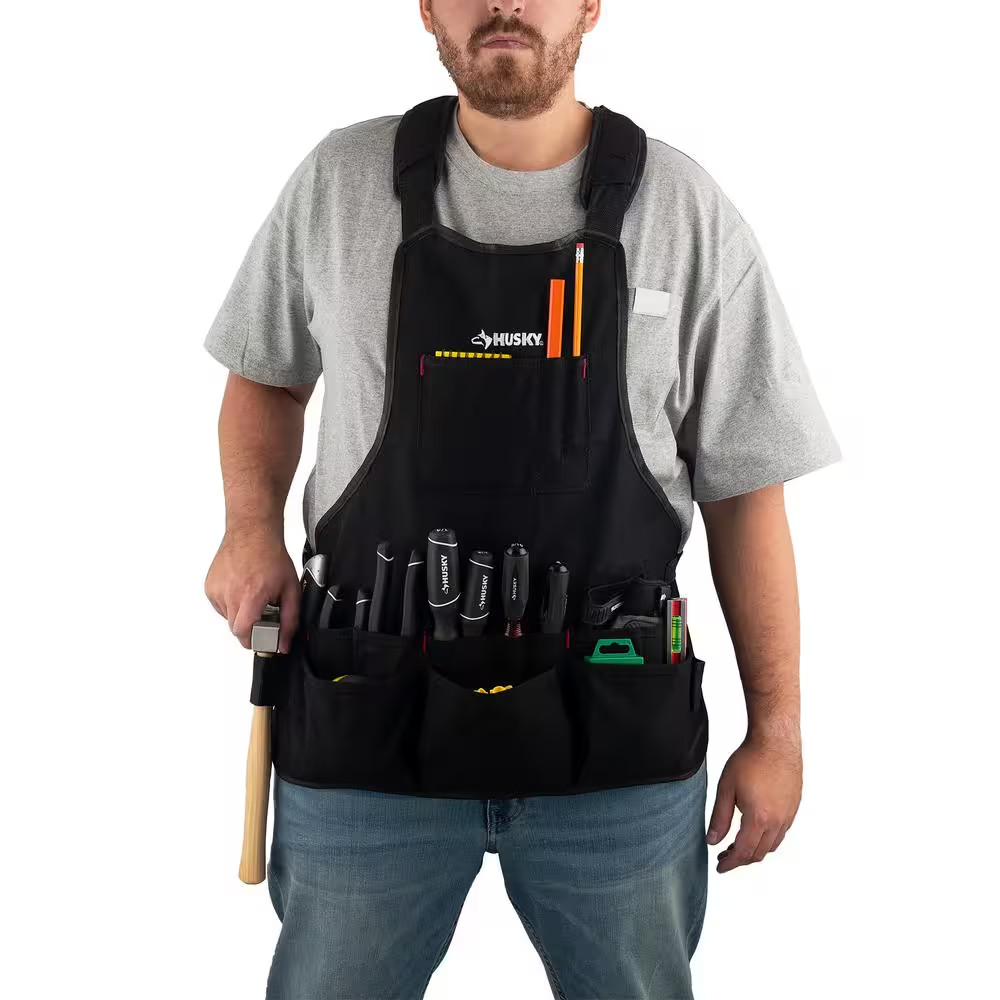 Husky 23 In. 16-Pocket Black Canvas Bib Tool Work Apron