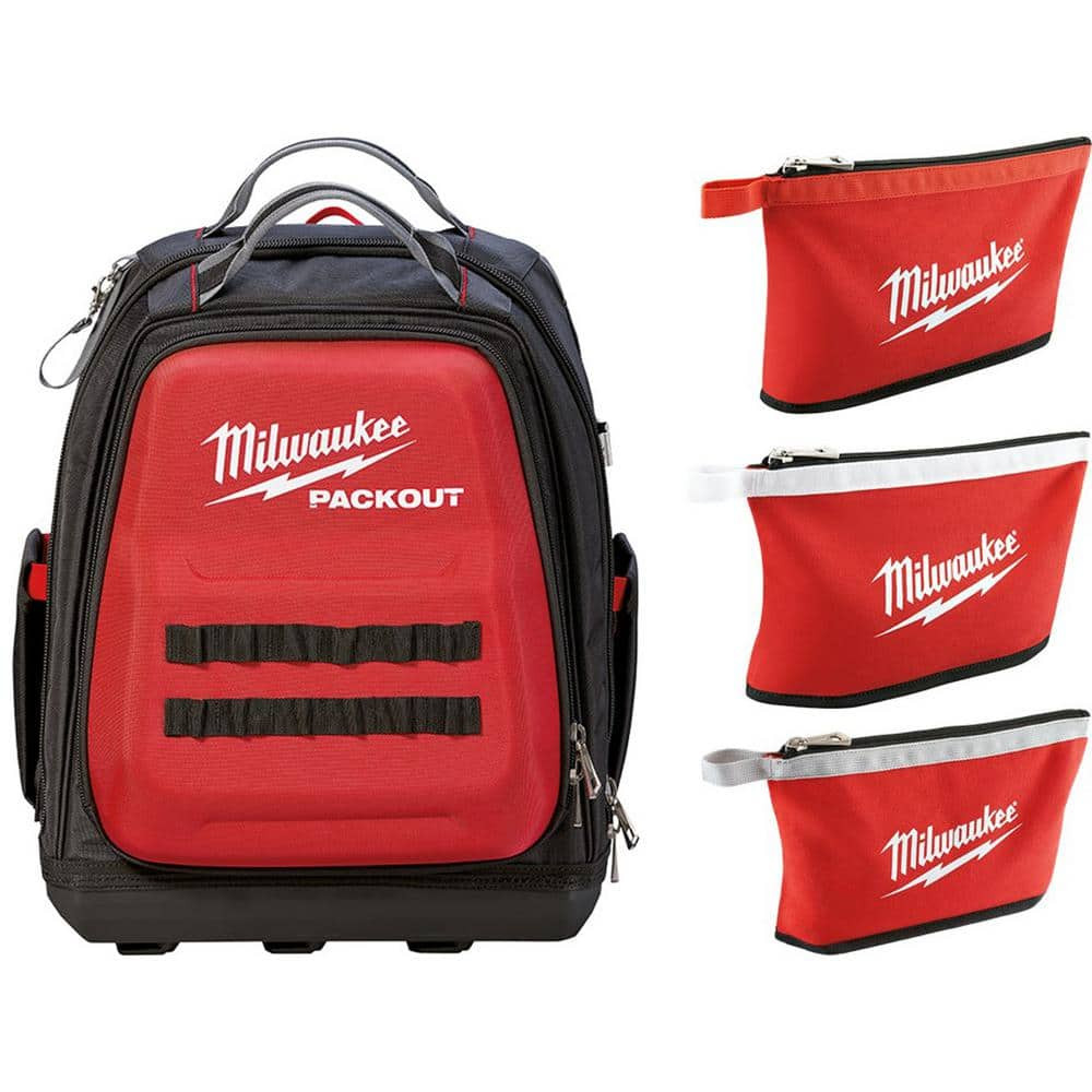 Milwaukee PACKOUT Backpack 15 in. 3-Pack Zipper Tool Bags Storage Nylon Red