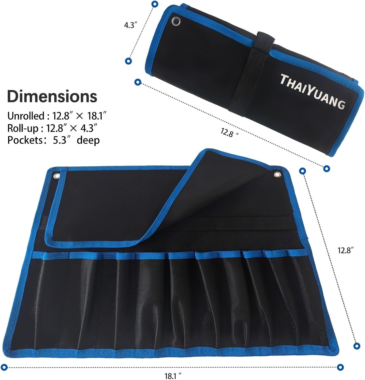 Compact Roll Up Wrench Organizer with 10 Pockets – Water-Resistant Black Fabric