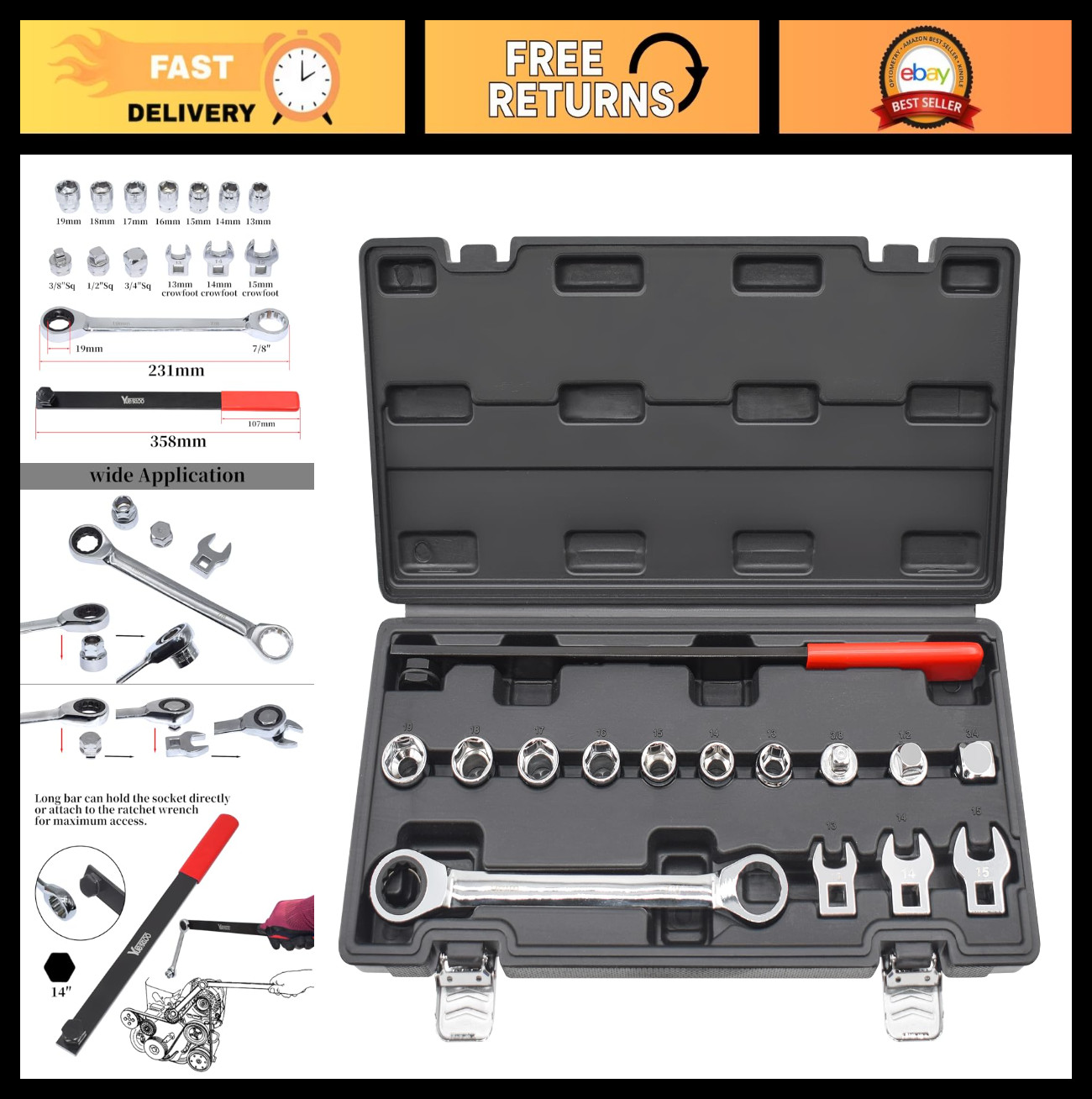 15pcs Universal Ratcheting Serpentine Belt Tool Set – Removal & Installation Kit