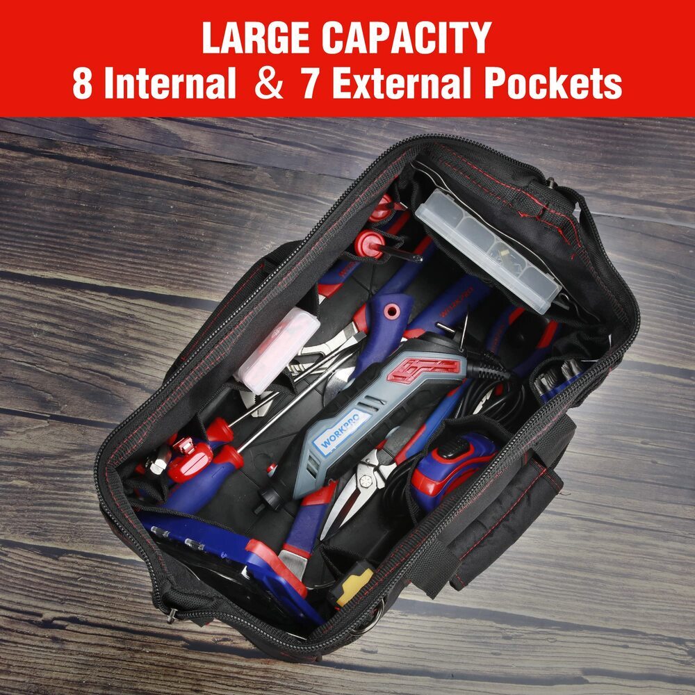 WORKPRO 16″ Zipper Wide Mouth Tool Storage Bag Case Large Capacity w/21 Pockets