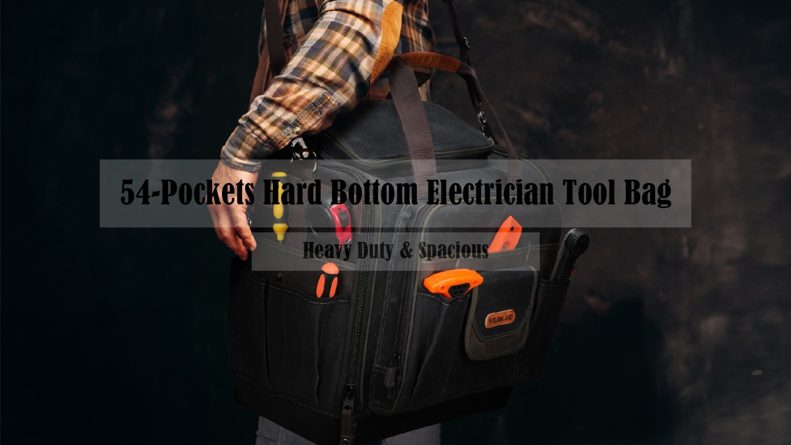 WELKINLAND 54-Pocket Electrician Tool Bag Waterproof Waxed Canvas Hard Bottom